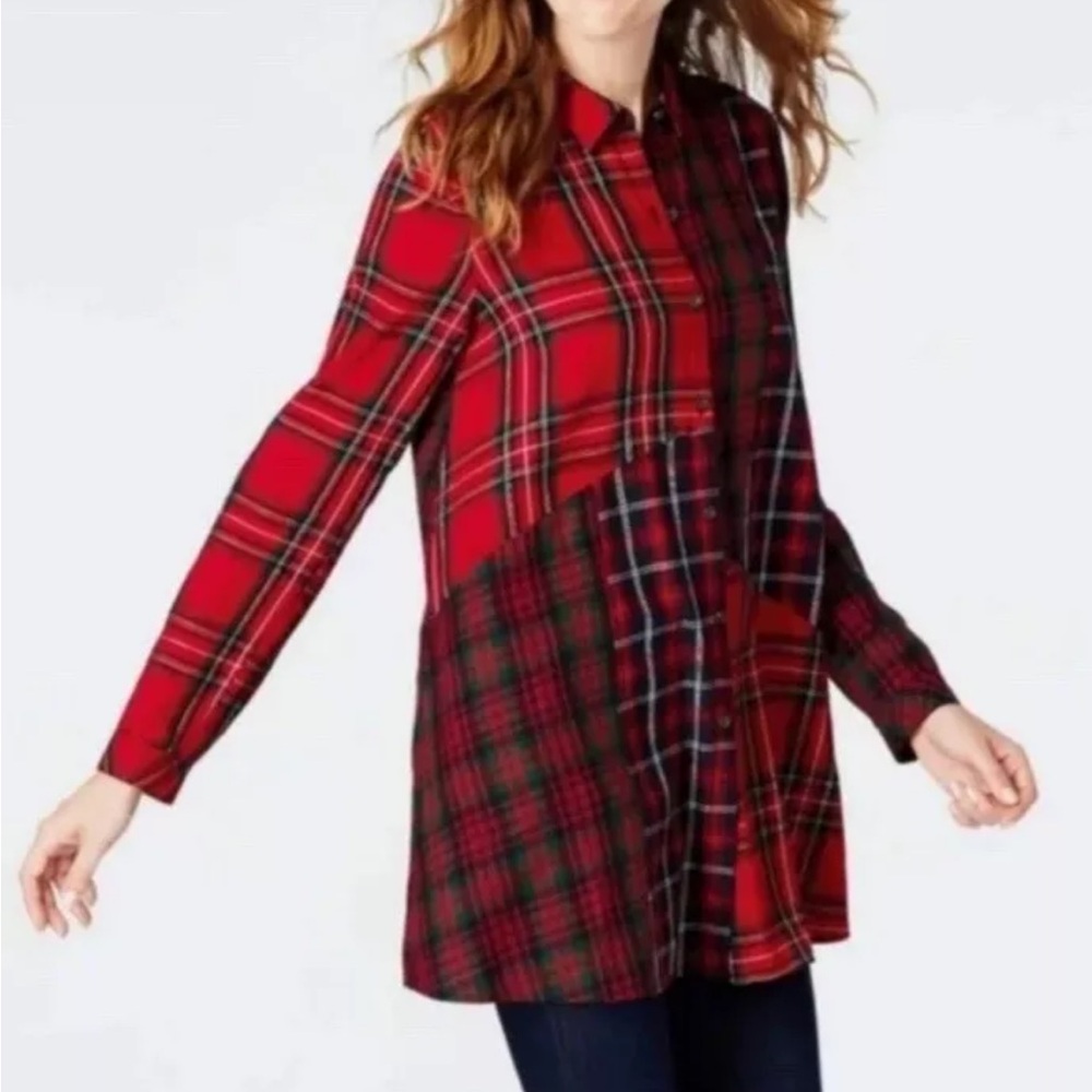 J. Jill Red Green & Navy Patchwork Plaid Button Down Cotton Tunic Top